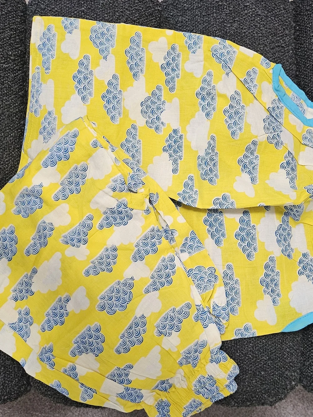2 Kids Outfits - Yellow Cloud-Print Kids Bottoms Set And Blue Dress